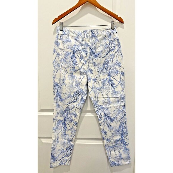 ELIE TAHARI Skinny Ankle Womens Pants White Blue Tropical Floral Bird Havana 10 - Picture 2 of 11